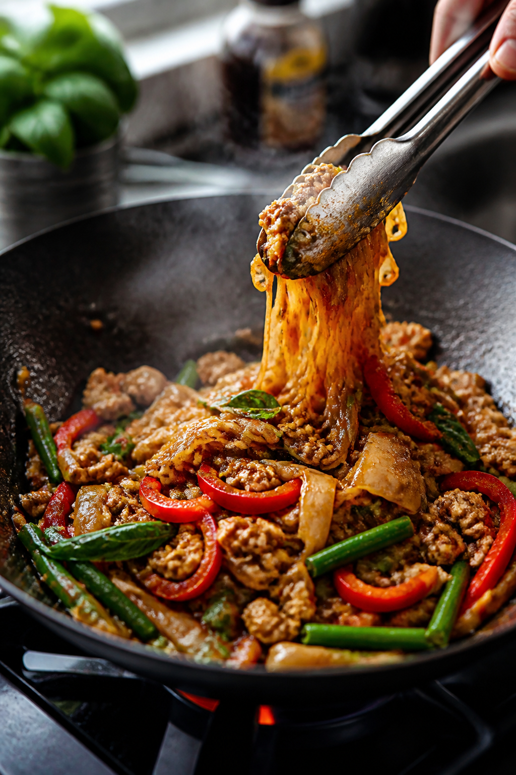 Cooking process, wok action: Spicy Thai basil chicken noodles being tossed in a large wok over mediu