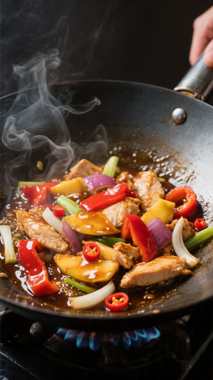 Cooking process, wok sear: Thai Mango Chicken Stir Fry sizzling in a carbon steel wok over high heat