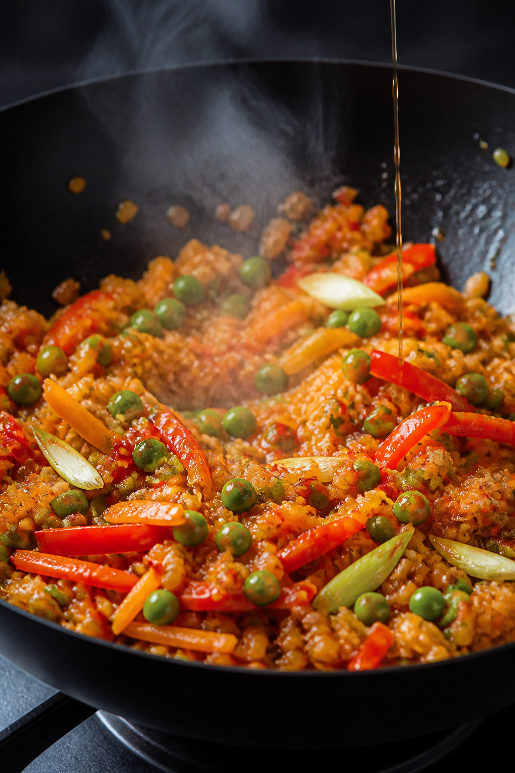 Cooking process — Wok-tossed sweet chili cauliflower rice mid-sizzle: cauliflower rice just turnin