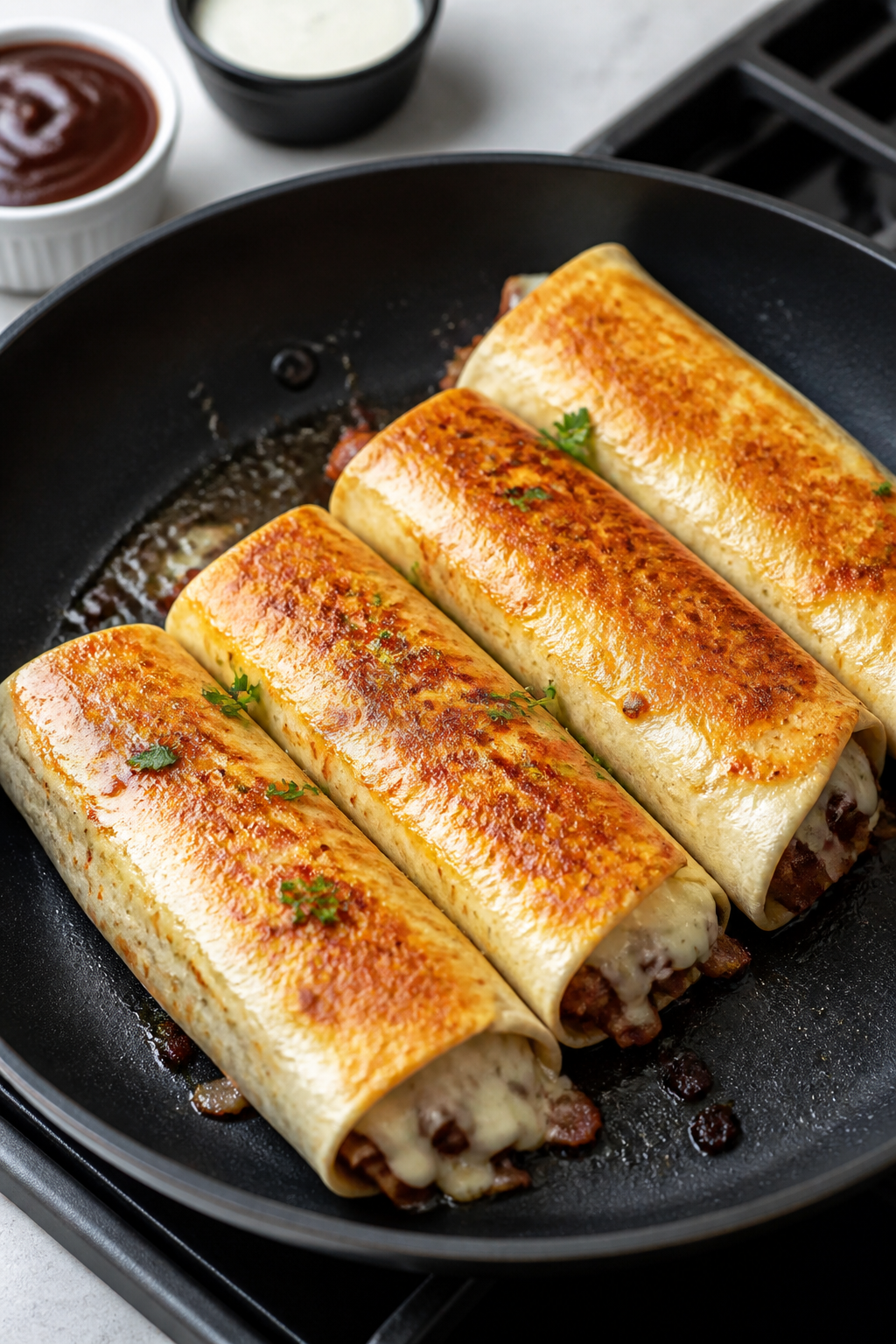 Cooking process: Wraps finishing in a skillet, seam-side down, with lightly golden, crisped tortilla
