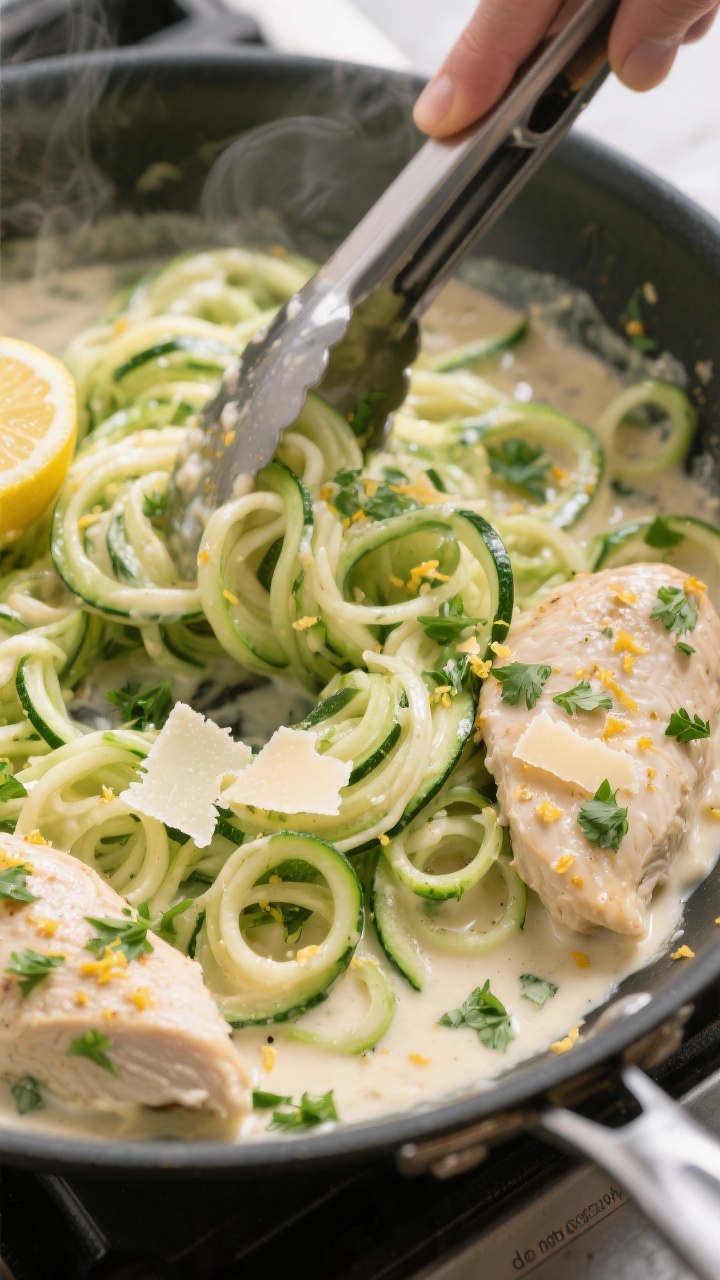 Cooking process: Zucchini noodles just added to the pan of Alfredo-coated chicken, being gently toss