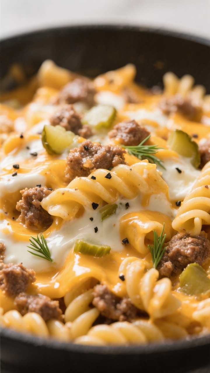 Creamy, cheesy close-up detail: Tight shot of the finished cheeseburger pasta just off heat as Greek