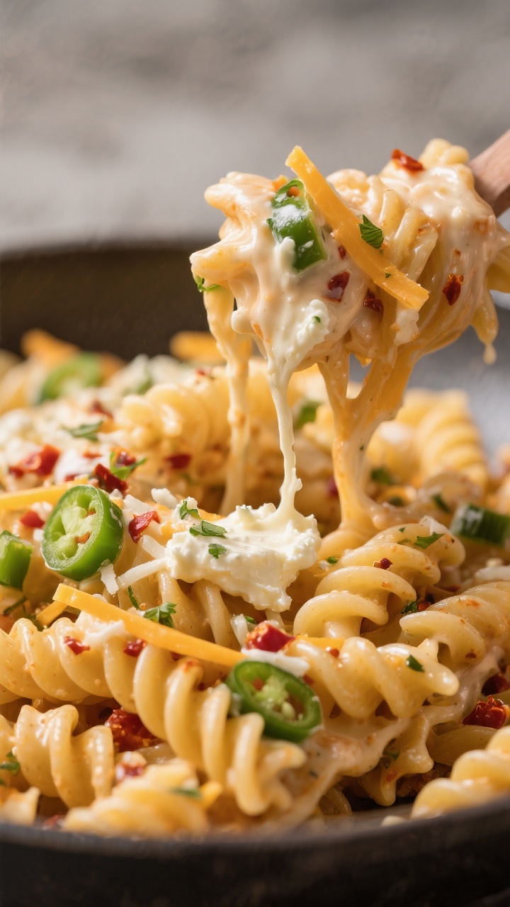 Creamy finish detail: Ultra-close shot of the pasta right after the cheeses are added—cream cheese