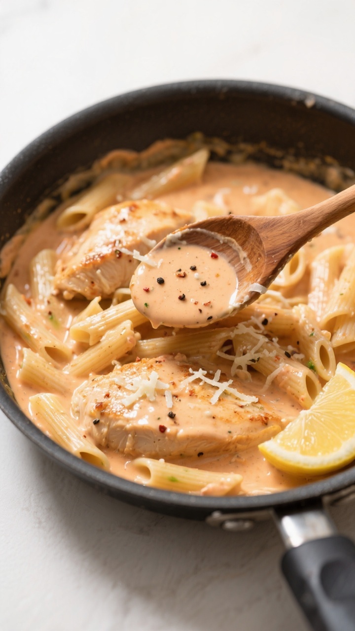 Creamy sauce moment, mid-process: Overhead shot of the skillet as the creamy, garlicky sauce comes t