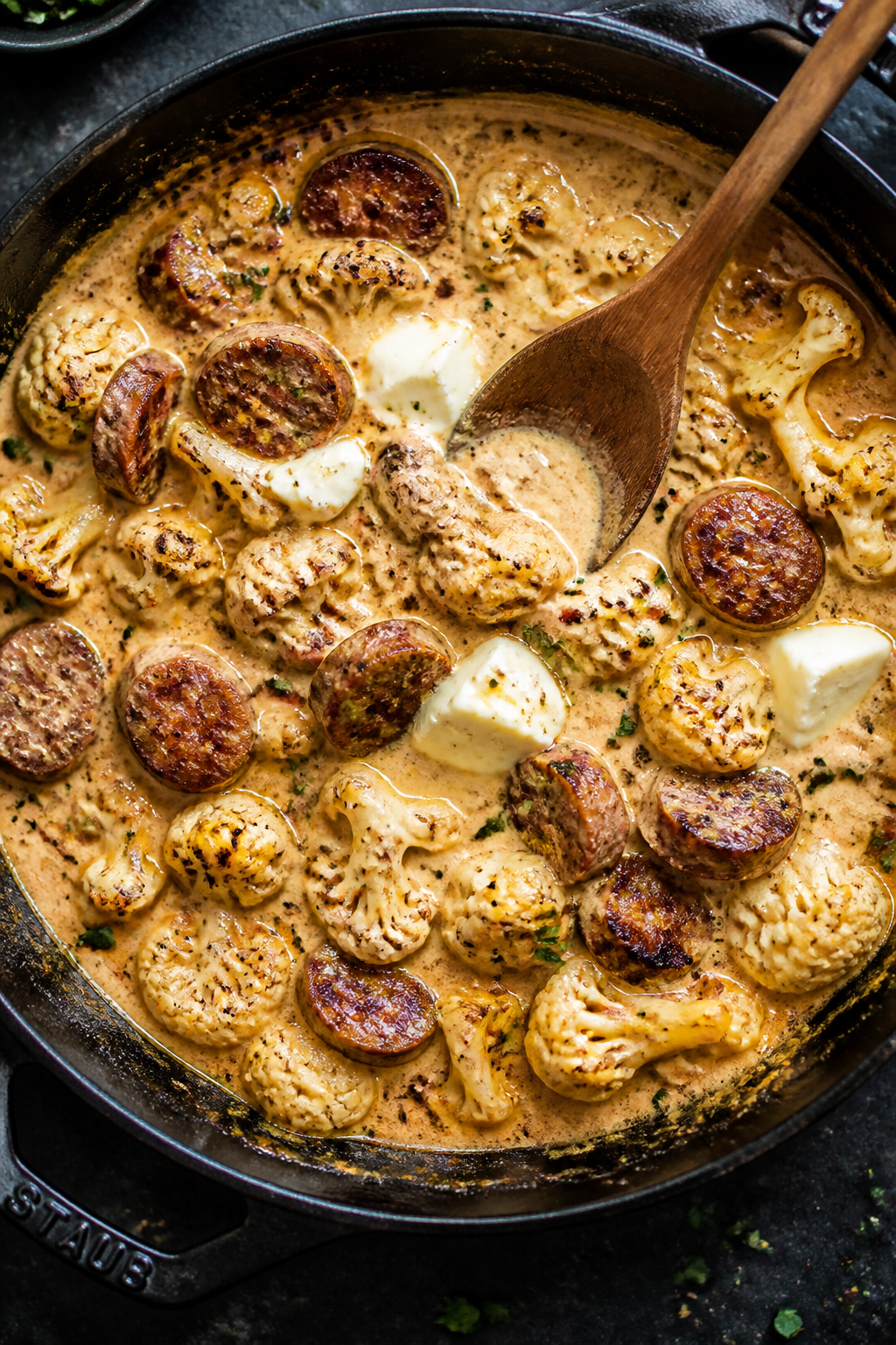 Creamy sauce moment: Overhead shot of the skillet just after adding heavy cream and a few melting cu