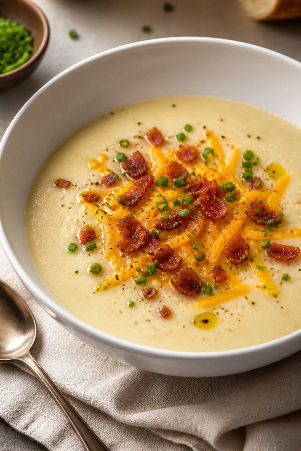 Final dish beauty plate: Creamy cheesy cauliflower soup poured velvety-smooth into a wide white bowl