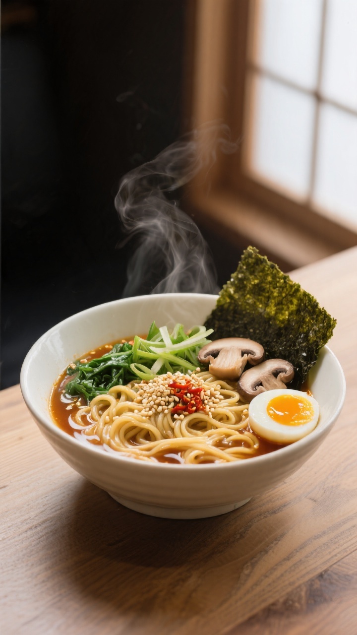 Final dish, beauty plate: Restaurant-quality presentation of finished spicy miso ramen—silky, tawn
