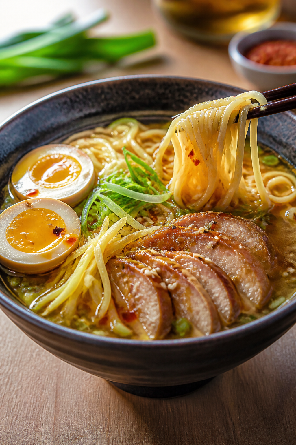 Final dish beauty: Restaurant-quality plated Sesame Ginger Chicken Ramen captured at a 45-degree ang
