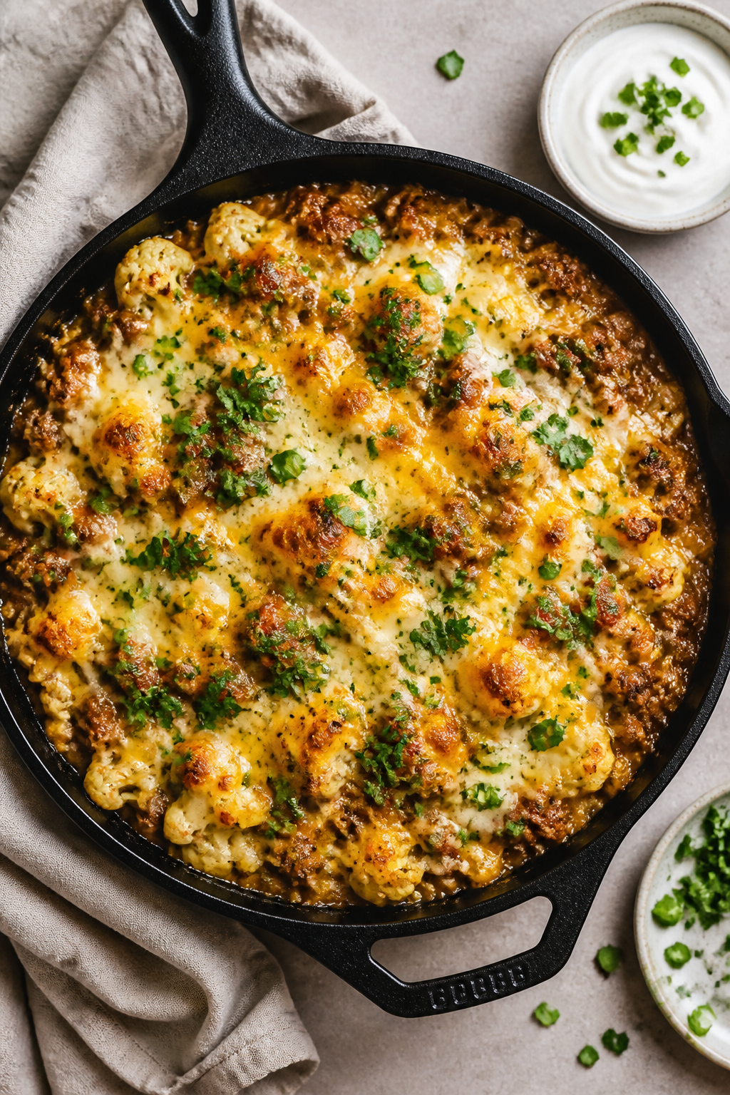 Final dish beauty shot: Cheesy Ground Beef Cauliflower Skillet finished and melty, overhead with an