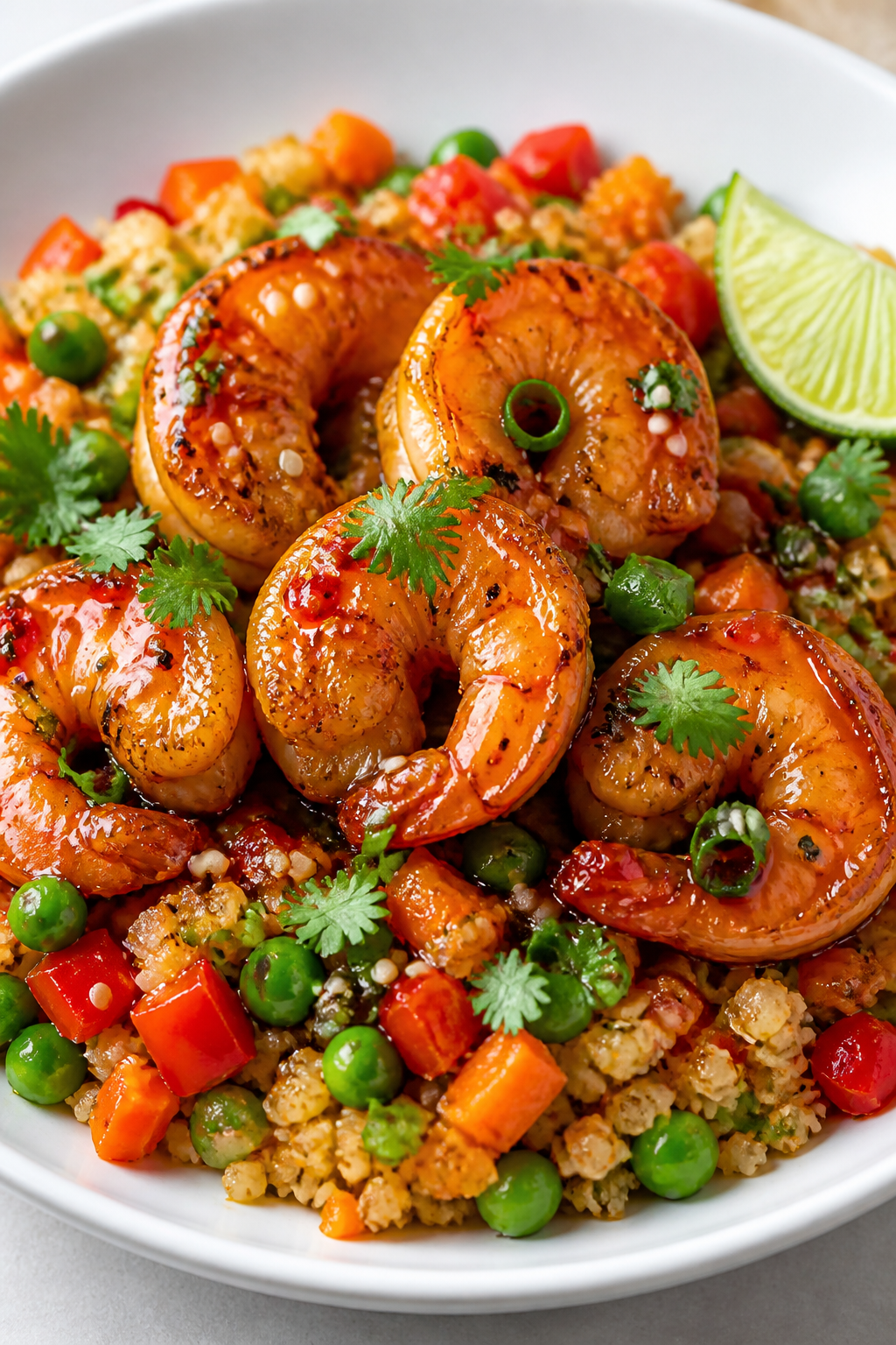 Final dish close-up — Sweet Chili Cauliflower Rice Stir Fry with sticky shrimp: plump pink shrimp 