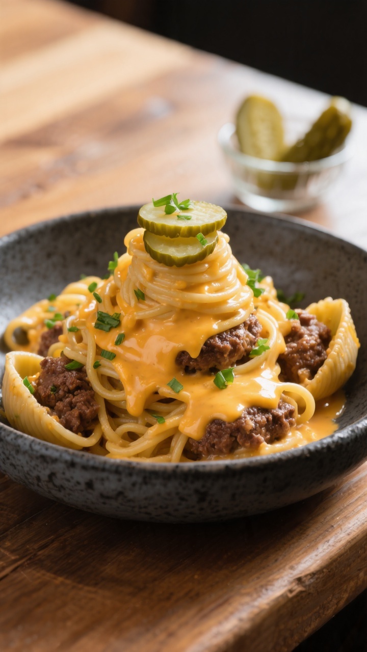 Final dish hero: Restaurant-quality plated cheeseburger pasta twirled high with a glossy, ultra-crea