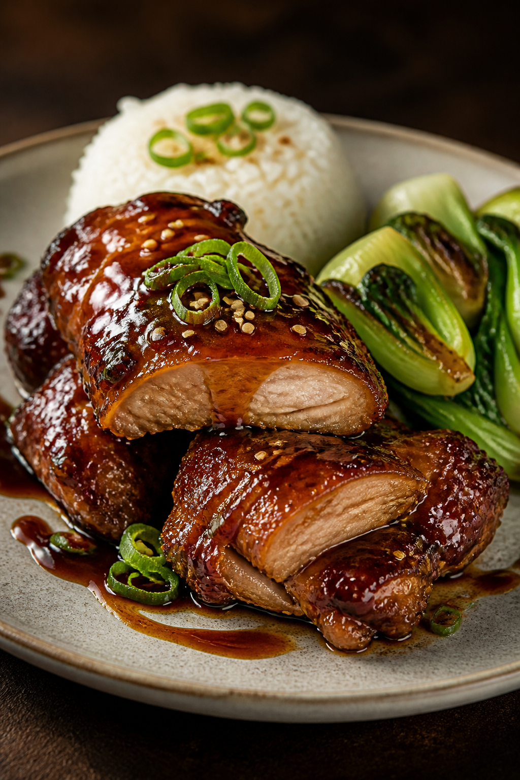 Final dish hero: Restaurant-quality plated teriyaki chicken thighs (bone-in look optional but fully 