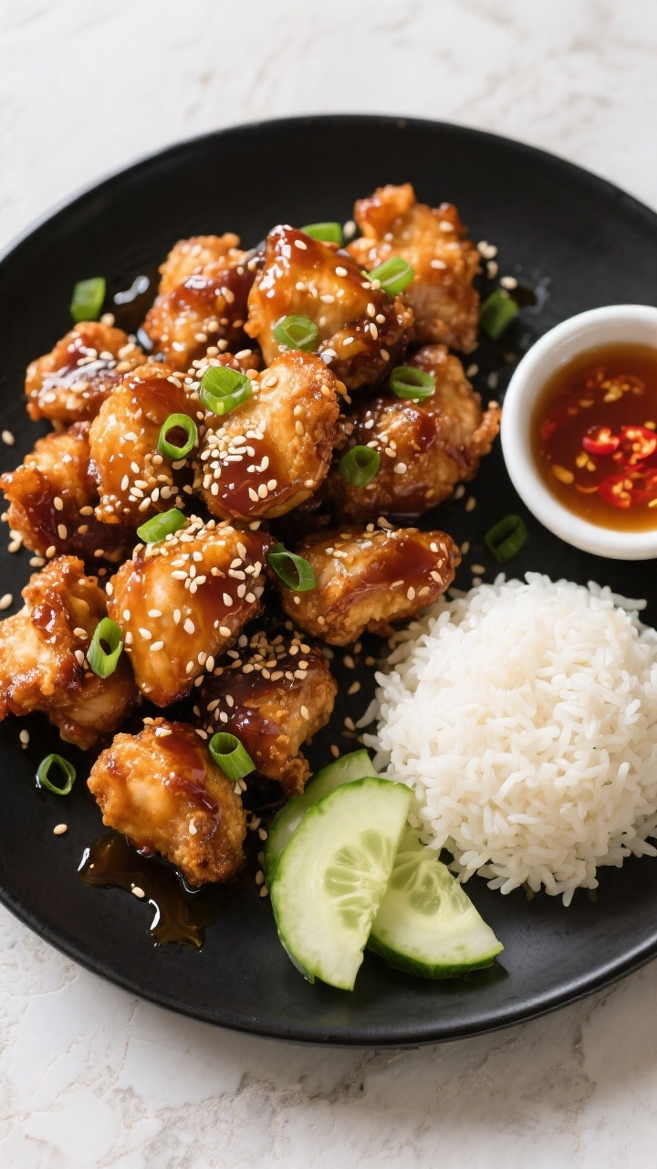 Final dish overhead: Restaurant-quality platter of Crispy Honey Chicken Bites glazed and piled high,