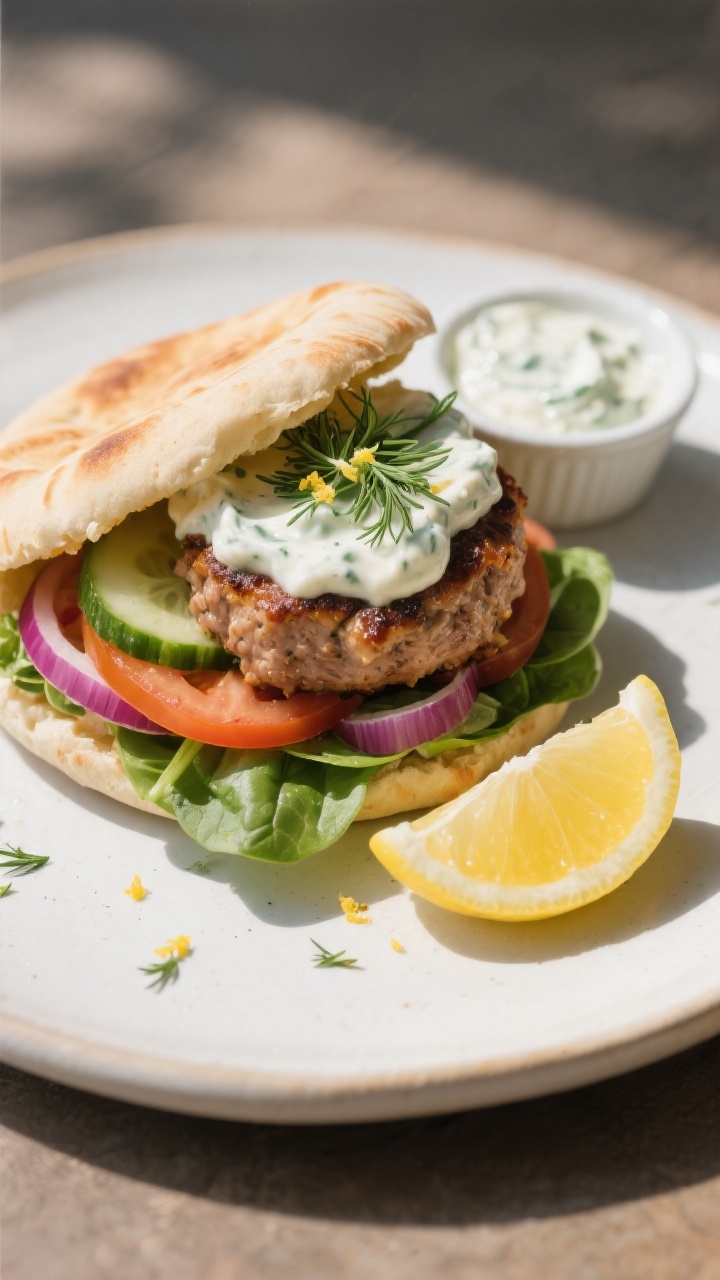Final dish plated: A warm pita stuffed with a juicy air-fried Greek turkey burger, generous swipe of