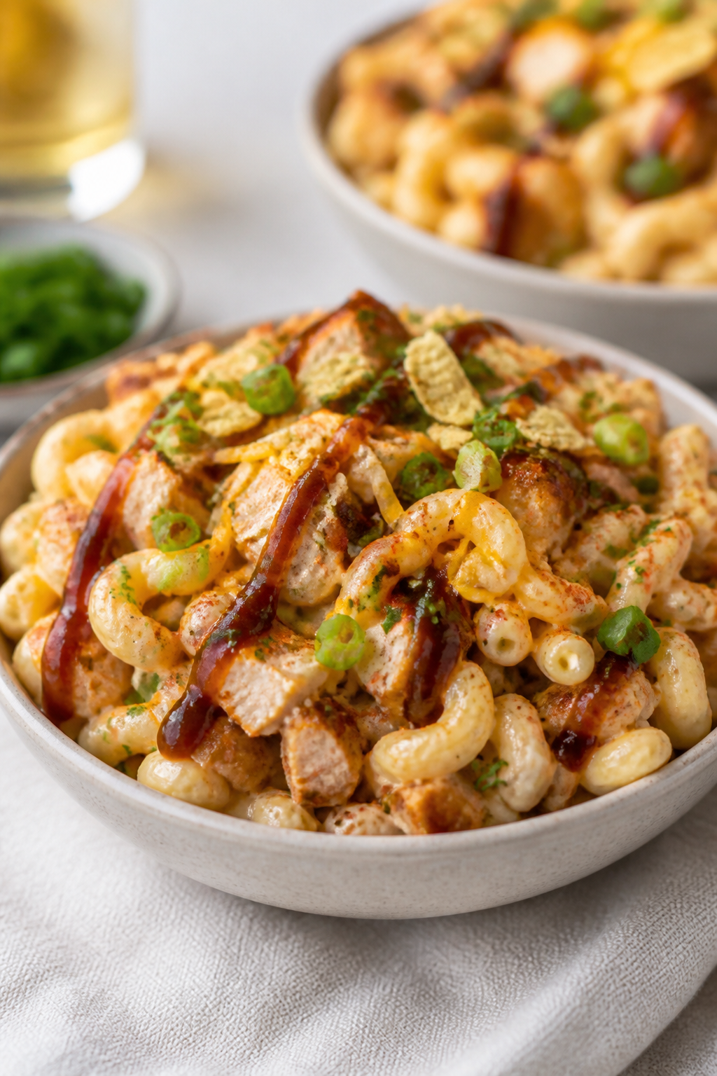 Final dish — plated BBQ Chicken Macaroni Salad Bowls: Beauty shot of a single serving bowl piled h