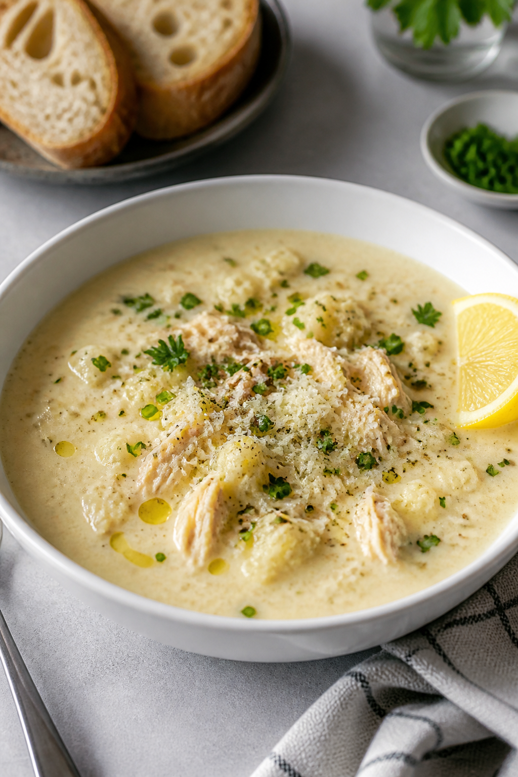 Final dish, plated presentation: A restaurant-quality bowl of Creamy Garlic Chicken Cauliflower Soup
