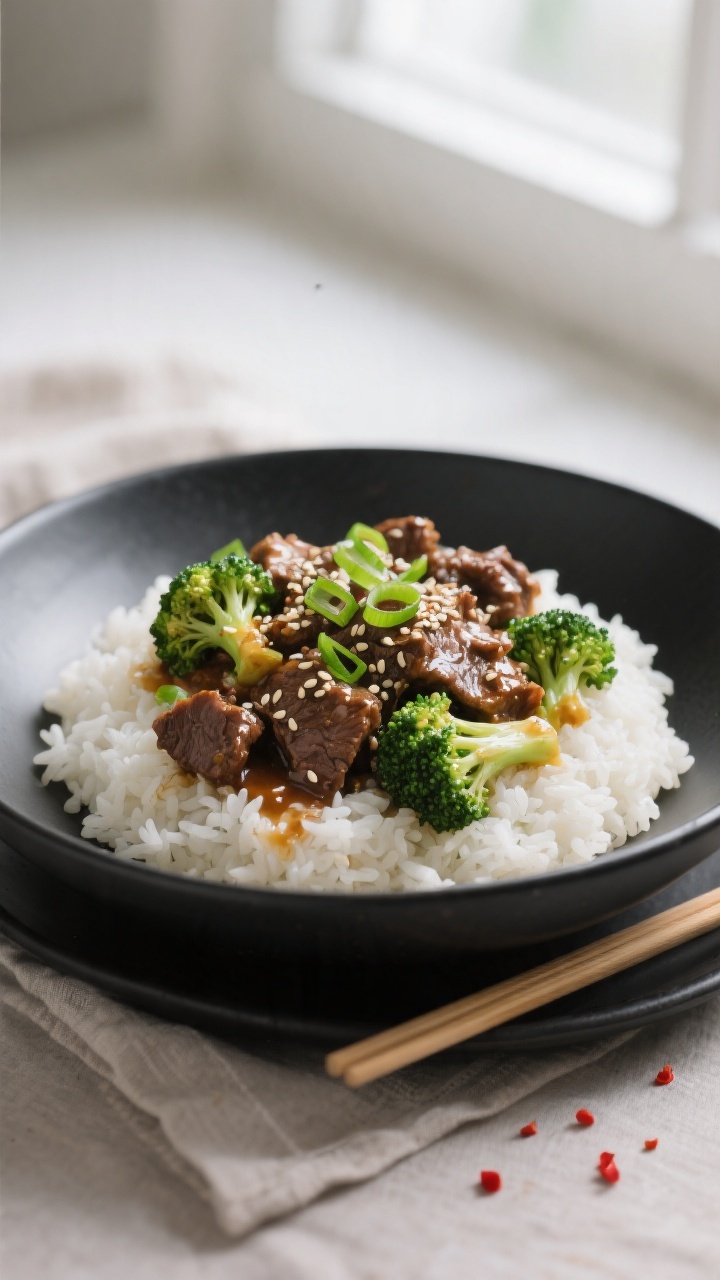Final dish plated: Restaurant-quality Beef and Broccoli mounded over fluffy white jasmine rice in a 