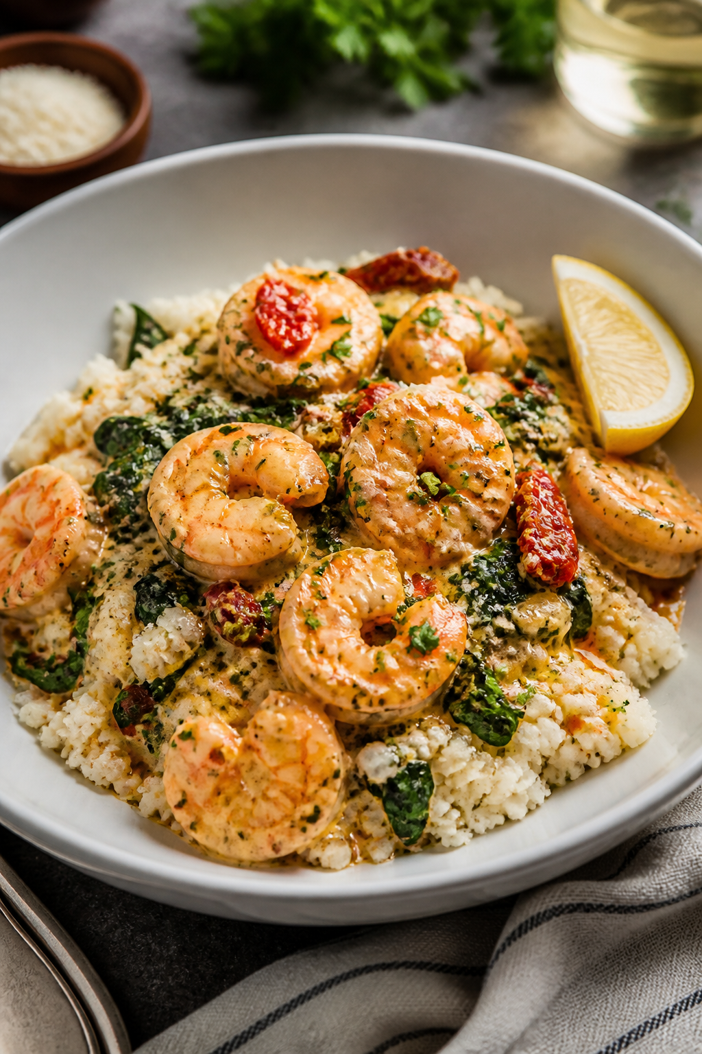 Final dish, plated restaurant style: Creamy Tuscan Shrimp spooned over a bed of fluffy cauliflower r