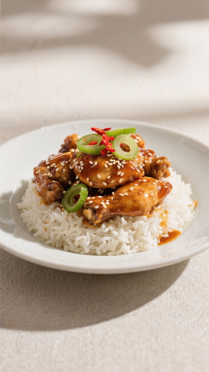 Final dish, plated restaurant-style: Sticky Honey Garlic Chicken piled high over fluffy steamed jasm