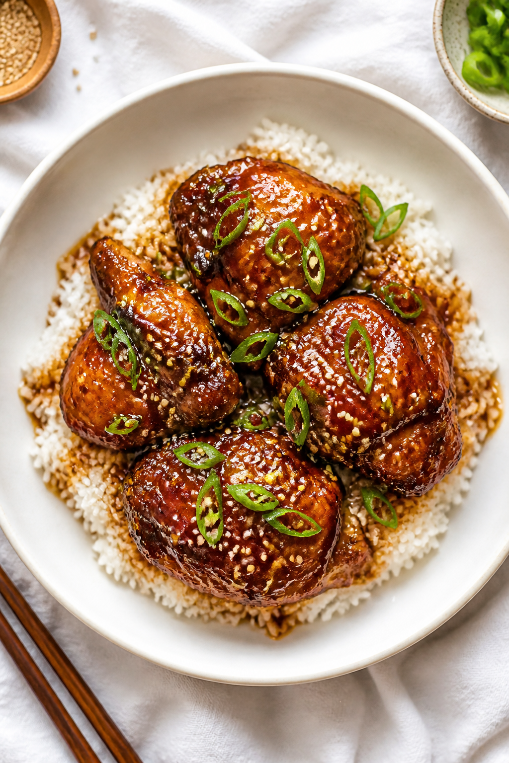 Final dish plated: Sticky Garlic Brown Sugar Chicken Thighs served over fluffy jasmine rice in a mat