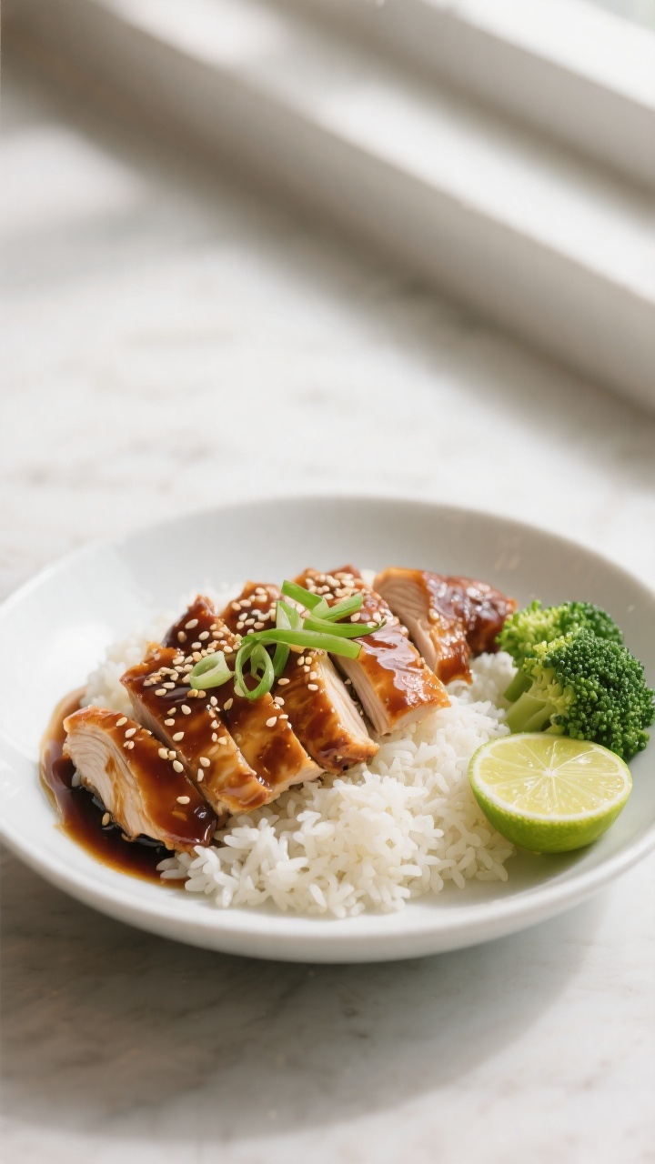Final dish, plated: Sweet Soy Glazed Chicken sliced and fanned over fluffy steamed jasmine rice in a