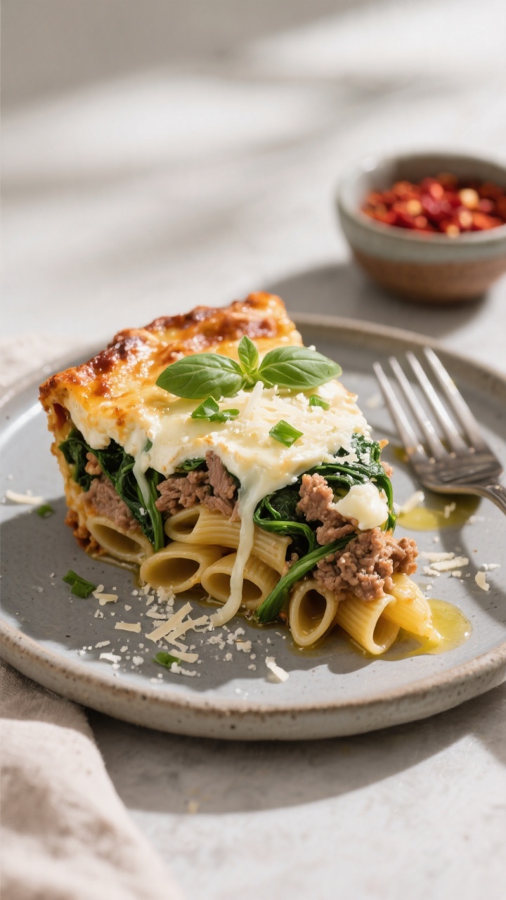 Final dish presentation: A generous slice of Ground Turkey Spinach Pasta Bake plated on a matte ston