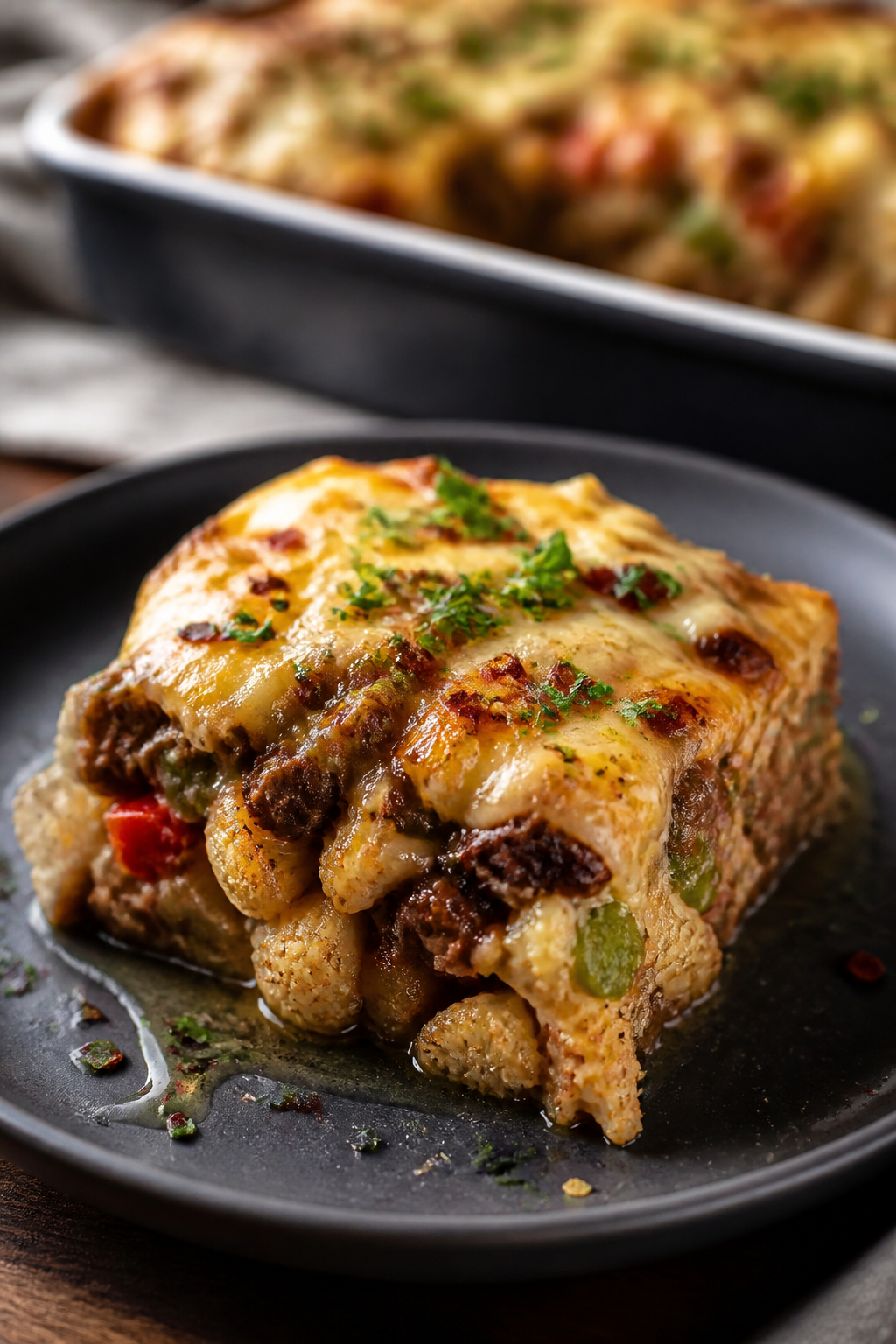 Final dish presentation: A generous square of Loaded Philly Cheesesteak Cauliflower Casserole plated