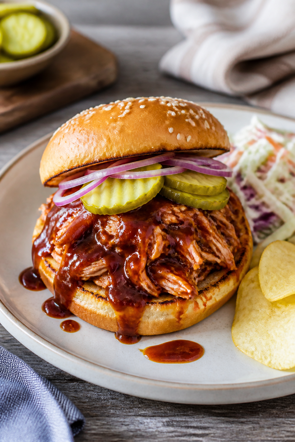 Final dish presentation: A generously piled BBQ Chicken Sloppy Joe on a toasted golden bun, topped w