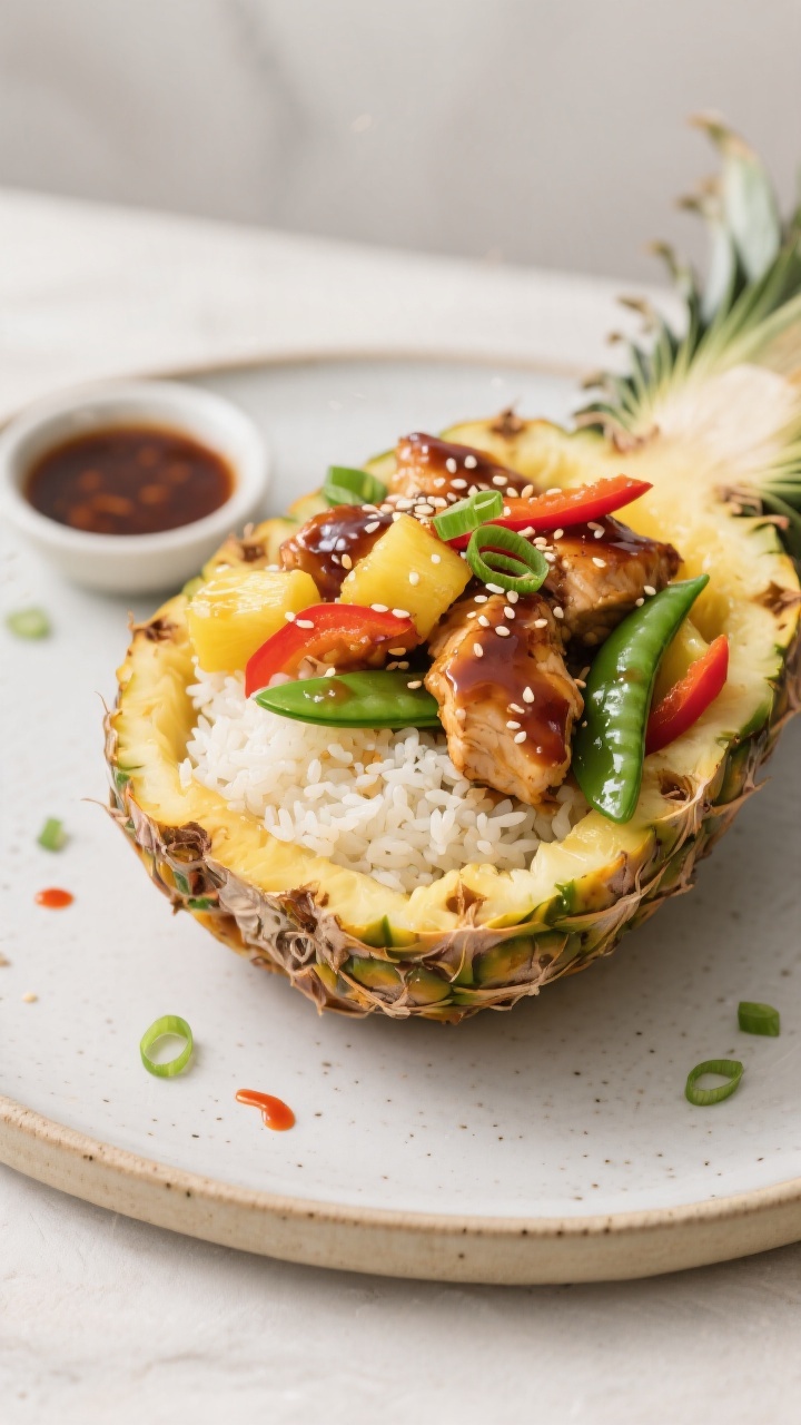 Final dish presentation: Air Fryer Teriyaki Chicken Pineapple Bowl served in a hollowed pineapple ha