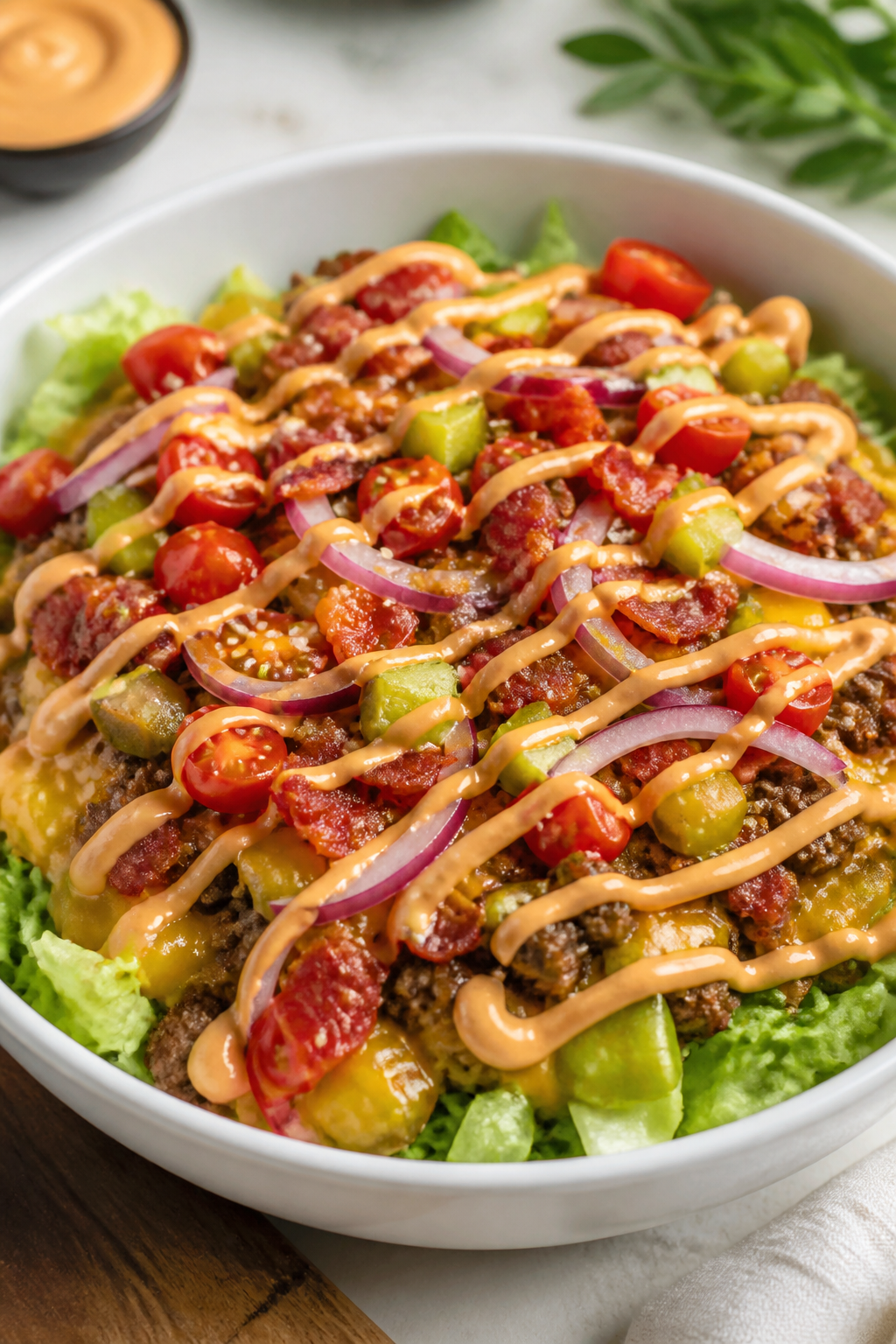 Final dish presentation: BBQ Bacon Cheeseburger Bowl plated in a wide, shallow white bowl—warm, ch