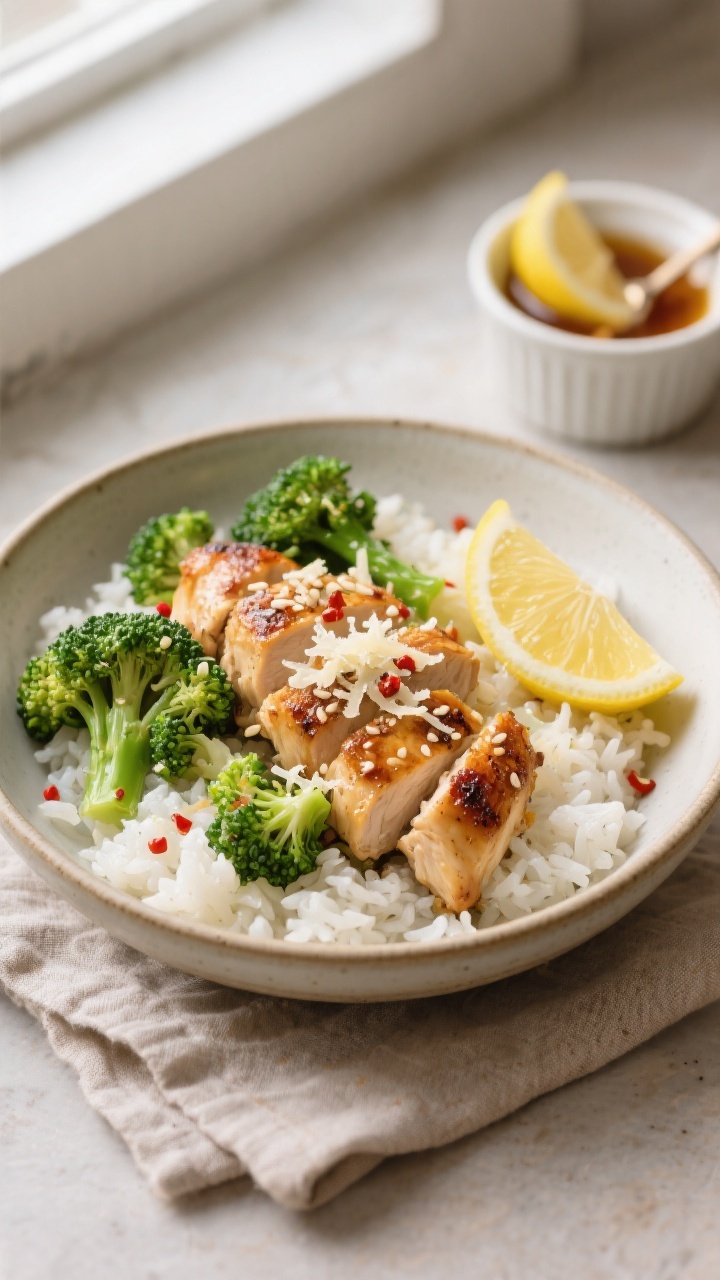 Final dish presentation: Beautifully plated Air Fryer Chicken & Broccoli over fluffy white rice in a
