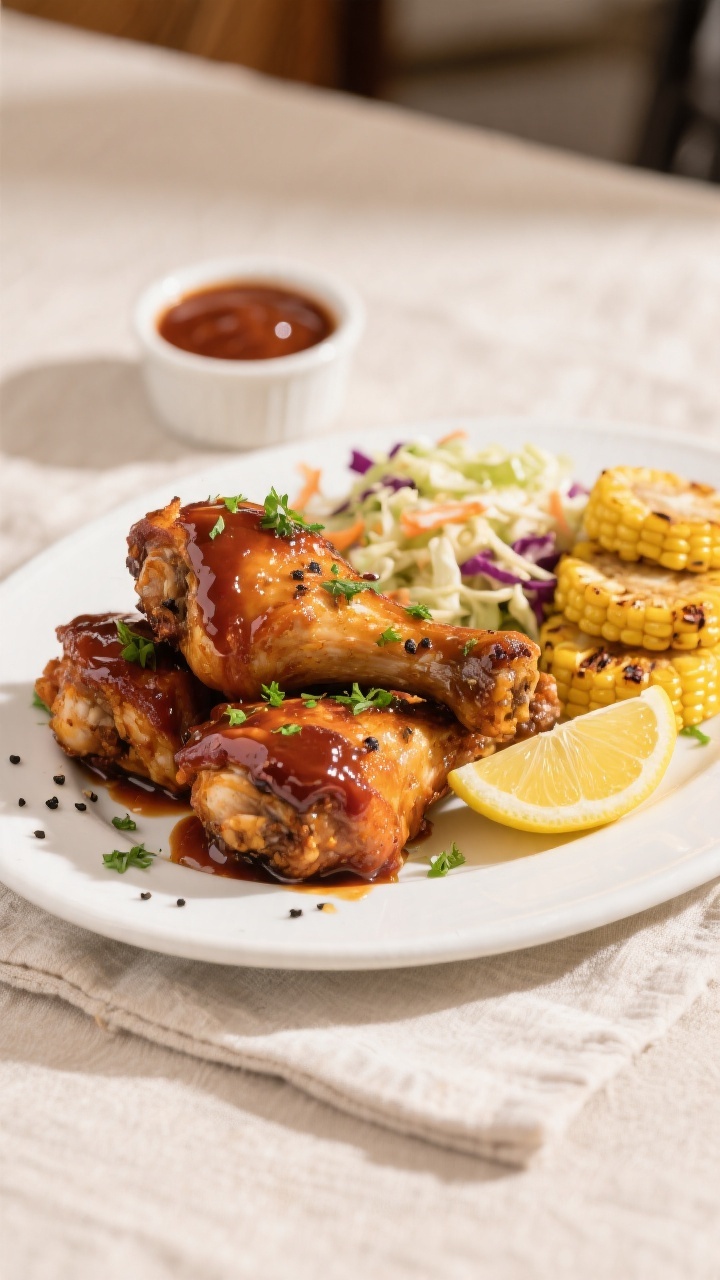Final dish presentation: Beautifully plated Air Fryer BBQ Chicken Drumsticks stacked on a white cera