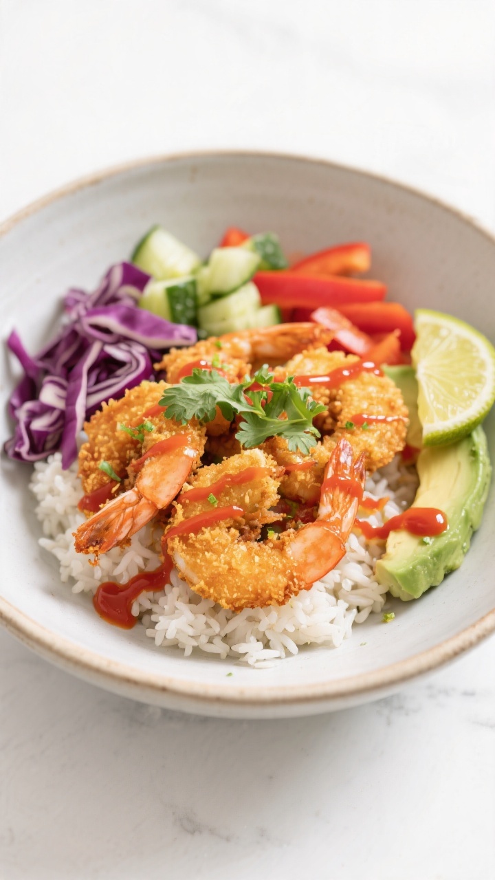 Final dish presentation: Beautifully plated Air Fryer Crispy Coconut Shrimp Bowl in a wide, low cera