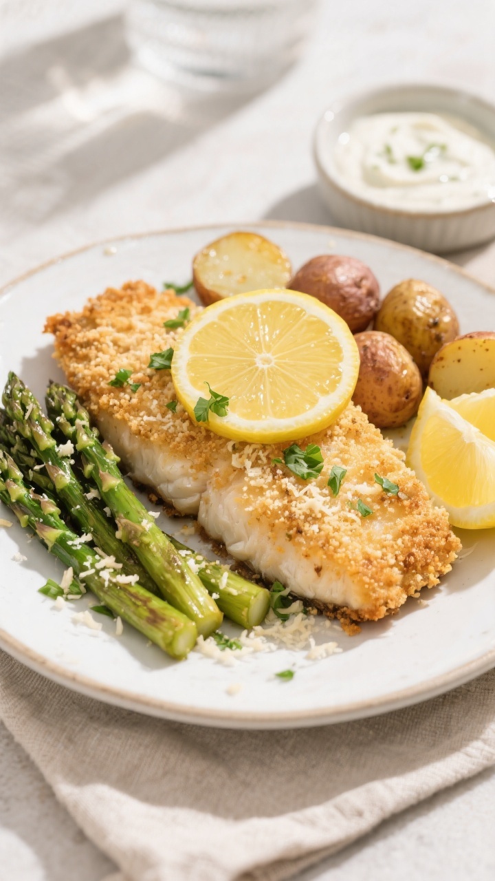 Final dish presentation: Beautifully plated Air Fryer Parmesan Crusted Cod on a white rimmed plate, 