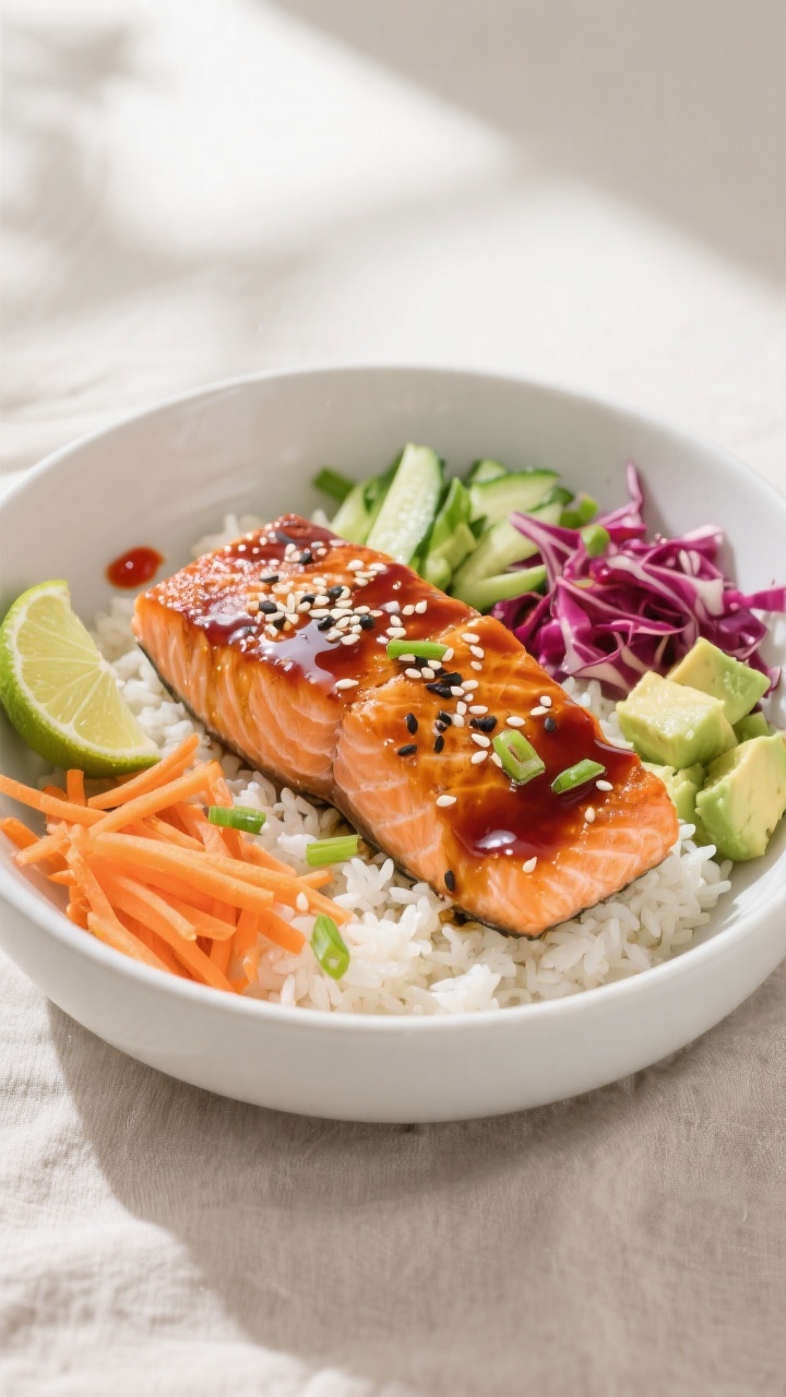 Final dish presentation: Beautifully plated Air Fryer Teriyaki Salmon Bowl with a perfectly glazed f