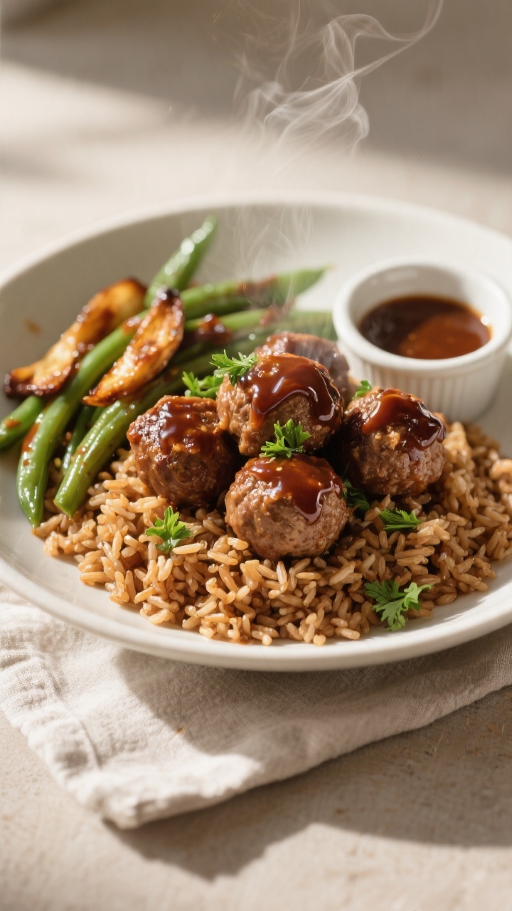 Final dish presentation: Beautifully plated BBQ turkey meatballs over fluffy brown rice with a side 