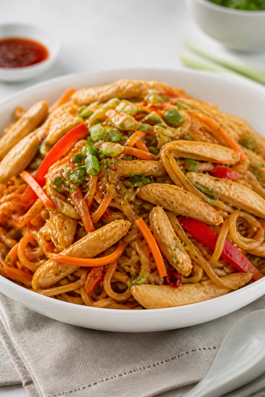 Final dish presentation: Beautifully plated Chicken Lo Mein piled high in a wide, shallow white bowl