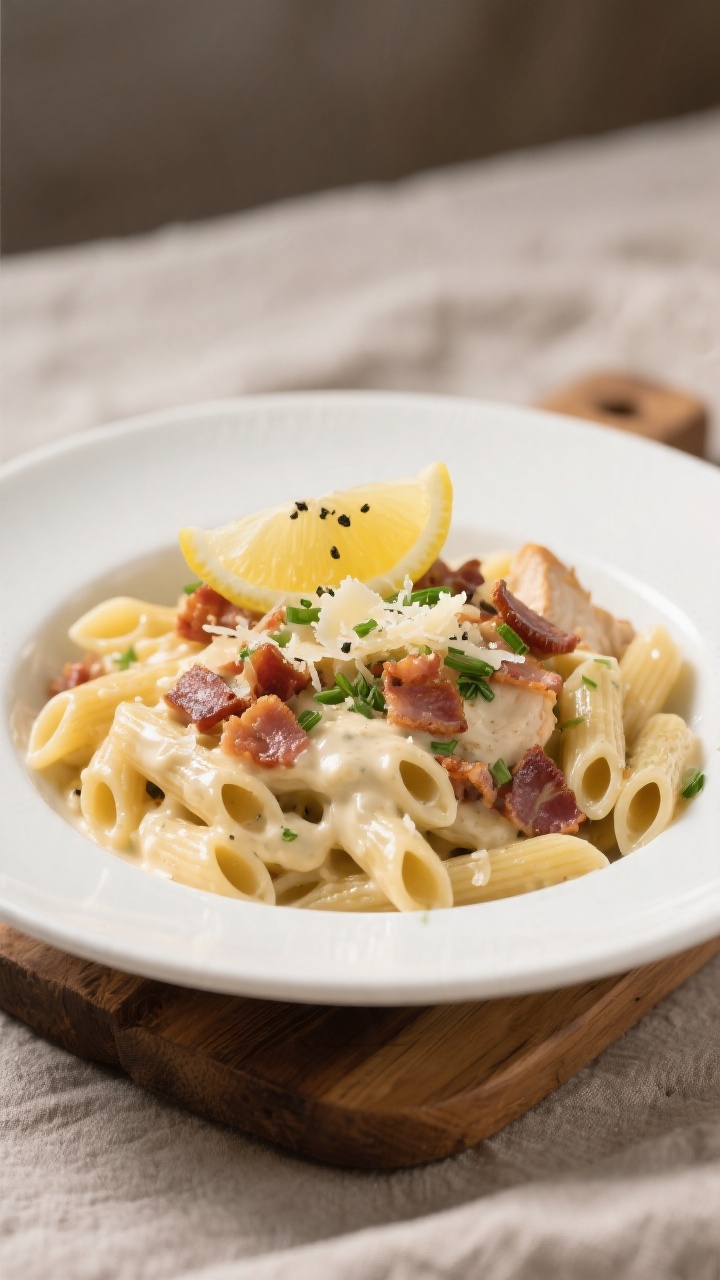 Final dish presentation: Beautifully plated Chicken Bacon Ranch Protein Pasta in a shallow white bow