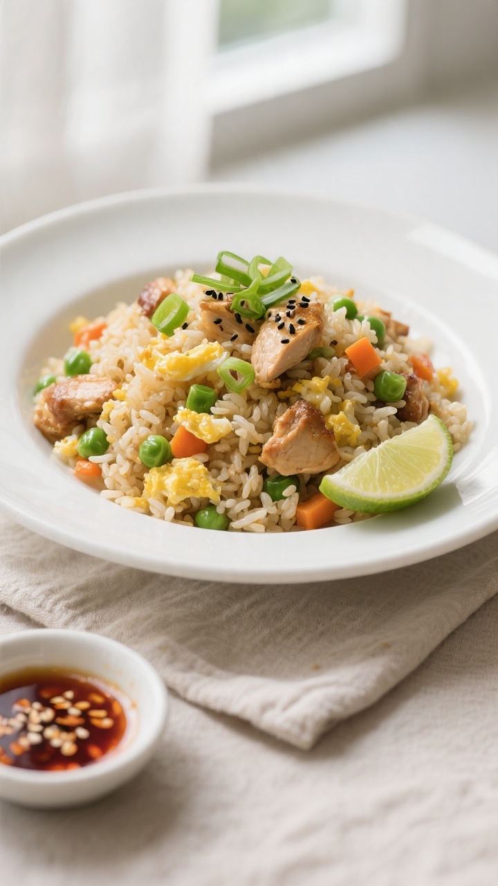 Final dish presentation: Beautifully plated chicken fried rice in a shallow white bowl, mound neatly