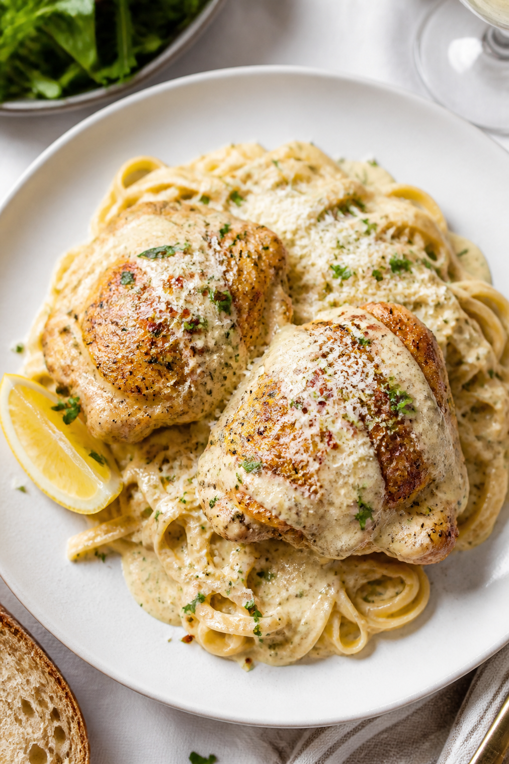 Final dish presentation: Beautifully plated Chicken Thighs with Creamy Parmesan Sauce—two bone-in 