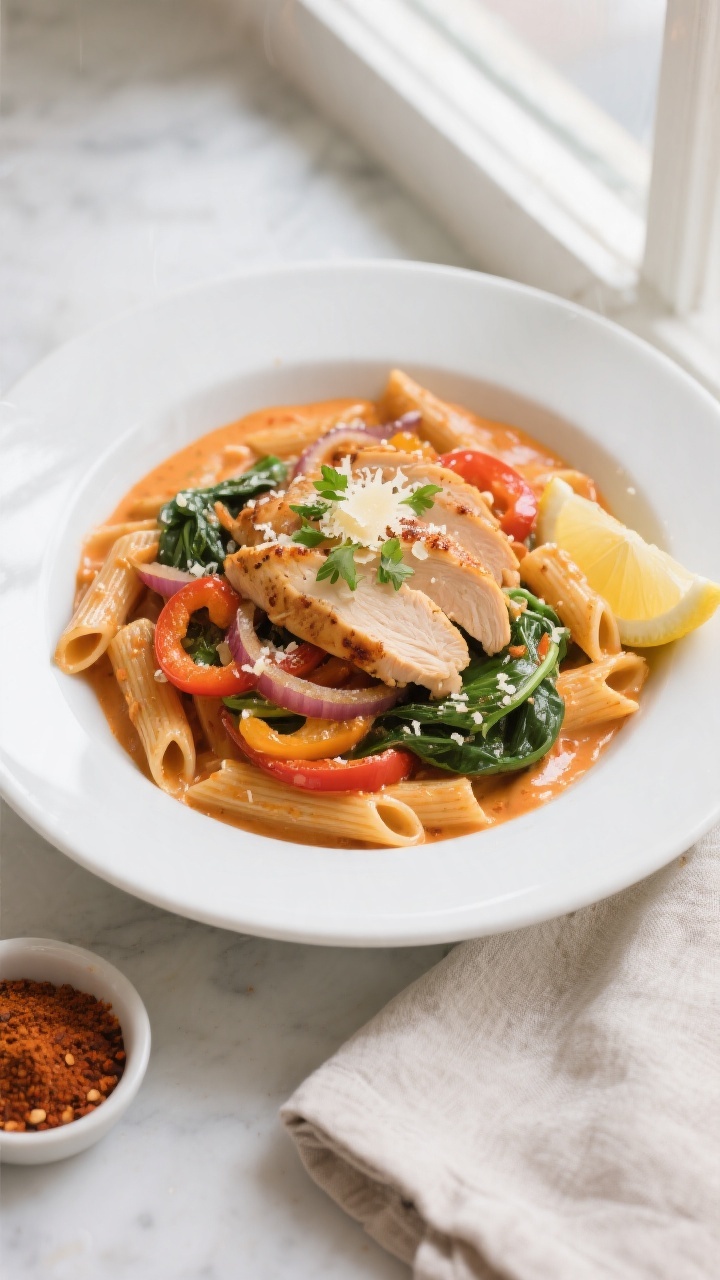 Final dish presentation: Beautifully plated Creamy Cajun Chicken Pasta (whole-wheat penne) coated in