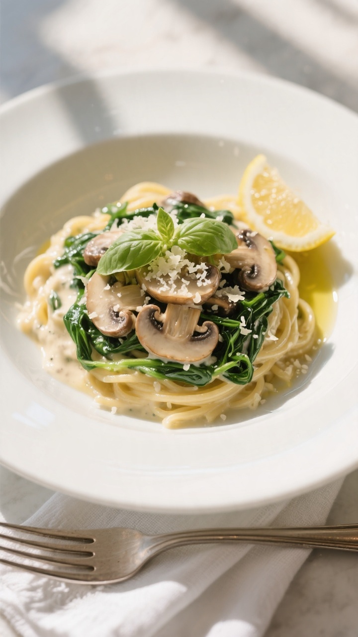 Final dish presentation: Beautifully plated Creamy Spinach Mushroom Pasta in a wide, shallow white b