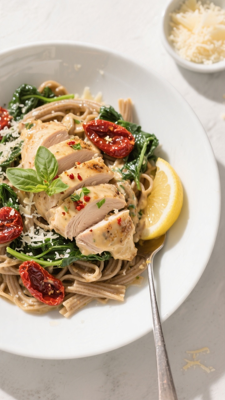 Final dish presentation: Beautifully plated Creamy Tuscan Chicken over al dente whole-grain pasta in