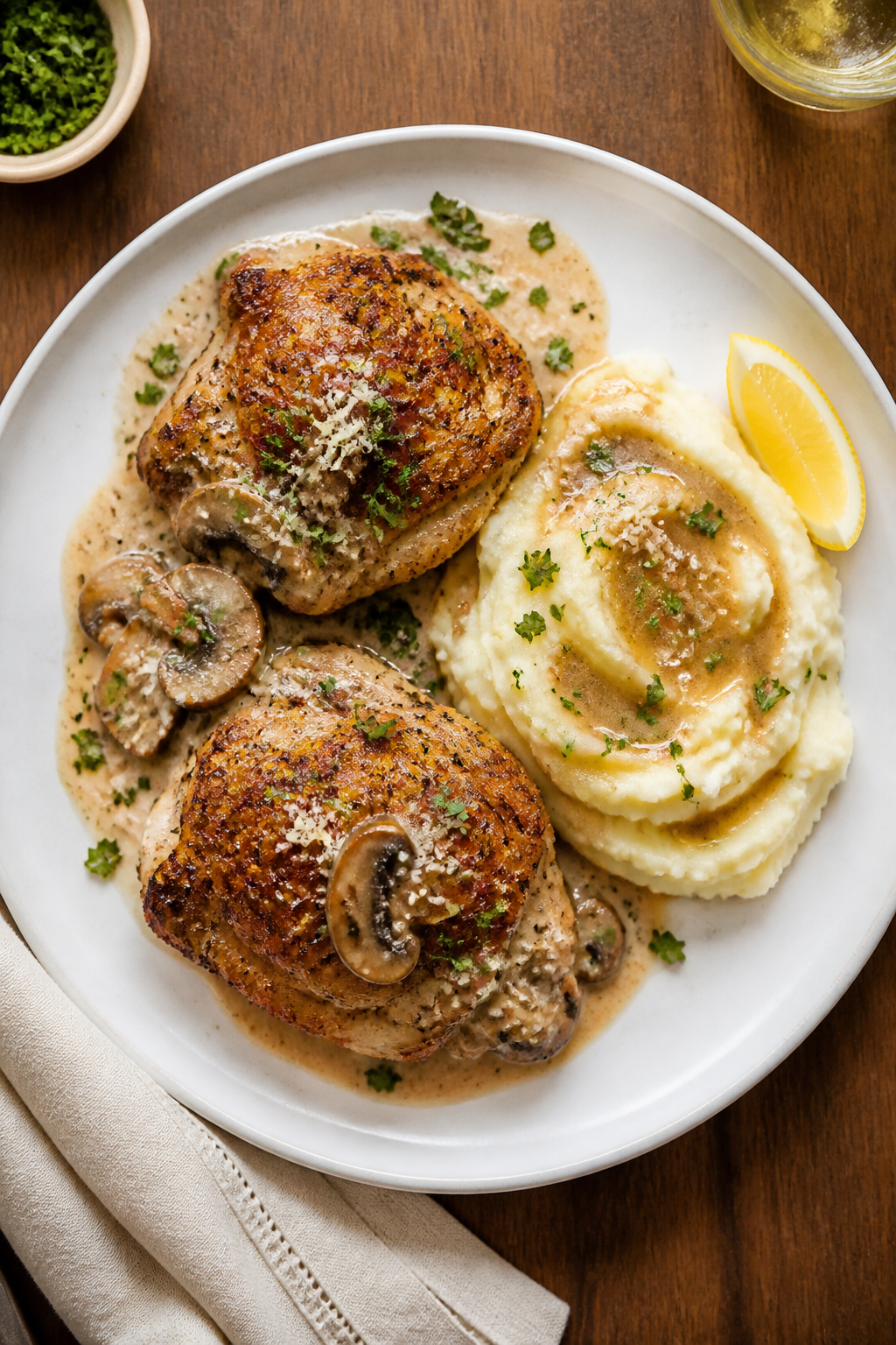 Final dish presentation: Beautifully plated Creamy Mushroom Chicken Thighs—two bone-in thighs skin