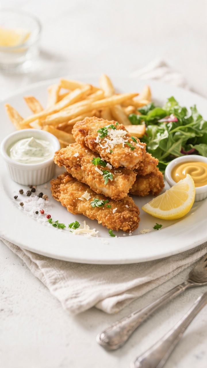 Final dish presentation: Beautifully plated Crispy Air Fryer Ranch Chicken Tenders on a white cerami