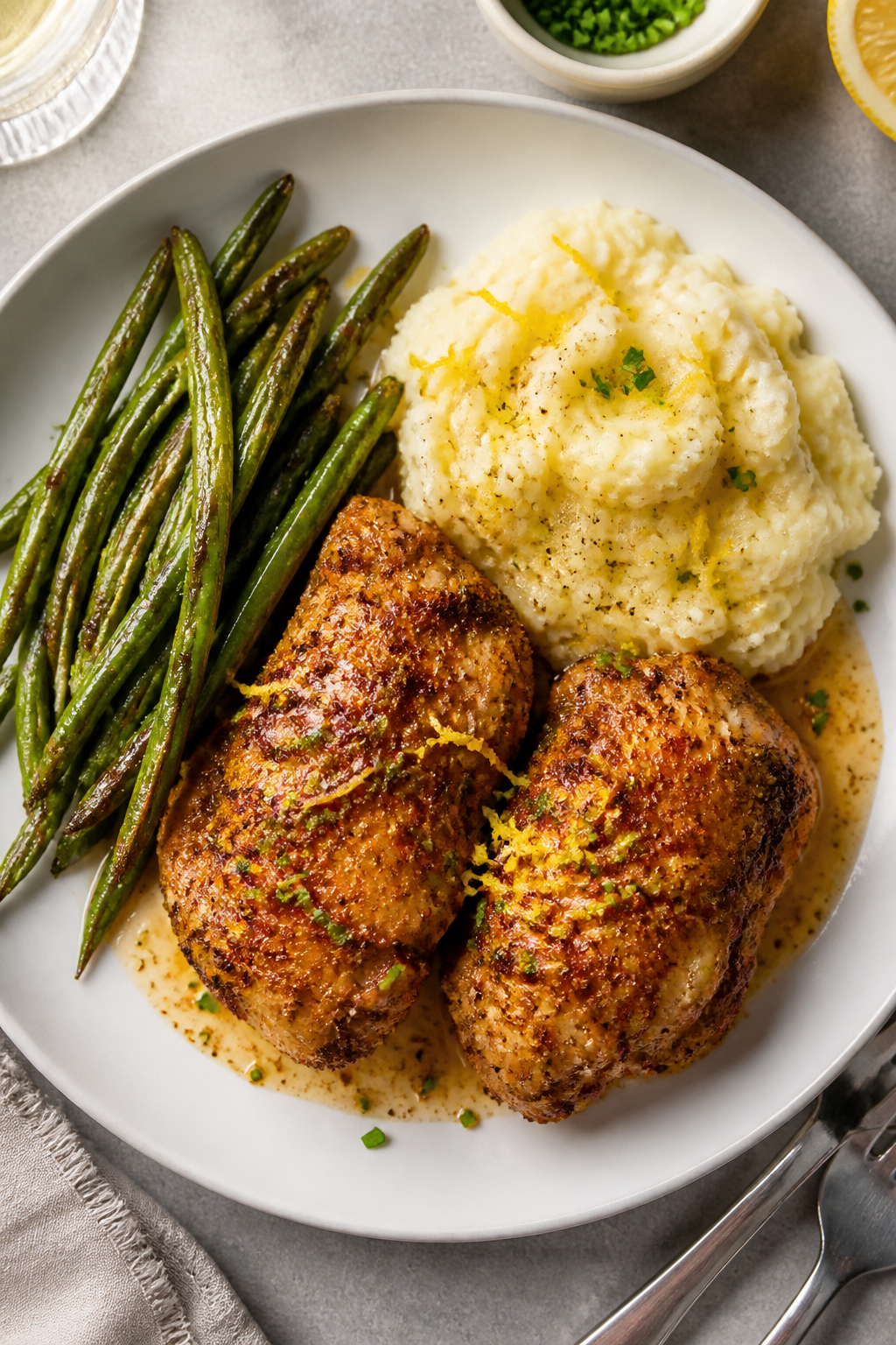 Final dish presentation: Beautifully plated Crispy Ranch Chicken Thighs (2 pieces) on a matte white 