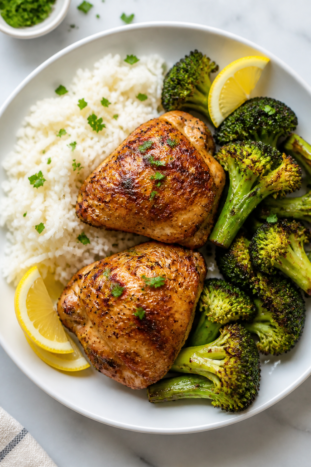 Final dish presentation: Beautifully plated Easy Chicken Thighs & Broccoli Dinner—two golden thigh