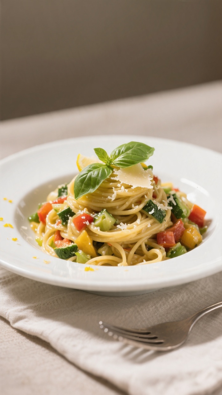 Final dish presentation: Beautifully plated Easy High Protein Pasta Primavera twirled high in a wide
