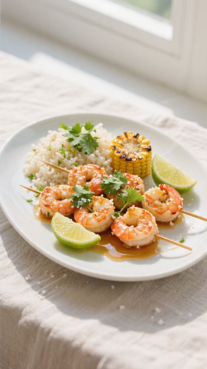 Final dish presentation: Beautifully plated Garlic Lime Shrimp Skewers on a matte white oval platter
