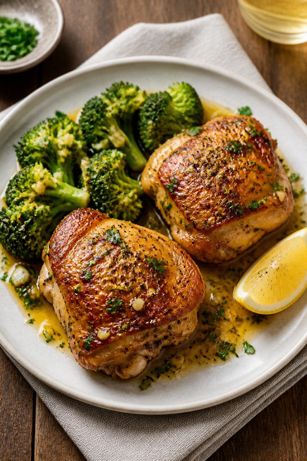 Final dish presentation: Beautifully plated Garlic Butter Chicken Thighs & Broccoli on a warm white 